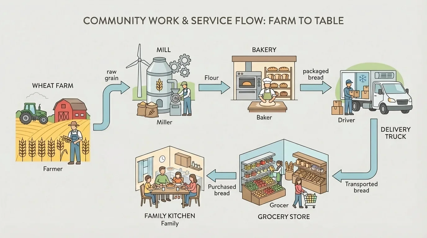 farm-to-table flowchart showing wheat farm, mill, bakery, delivery truck, grocery store, and family kitchen