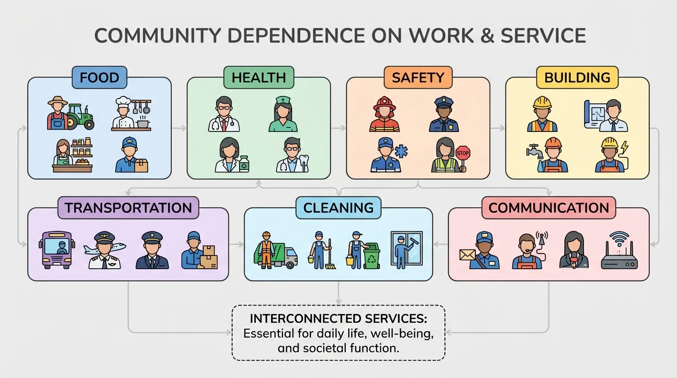 simple category chart with icons and labeled boxes for food, health, safety, building, transportation, cleaning, and communication jobs