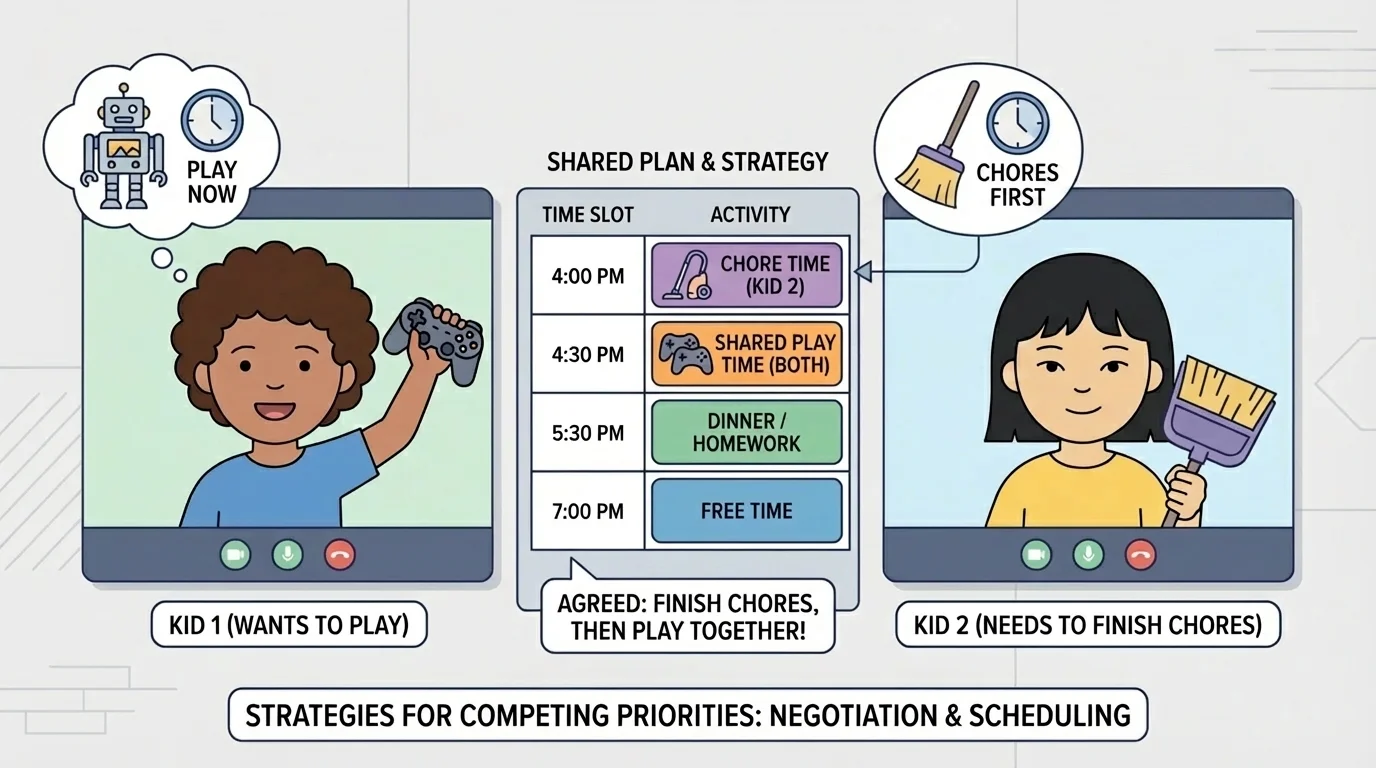 two kids on a video call making a shared plan, one wants to play now, the other needs to finish chores first, simple schedule visible