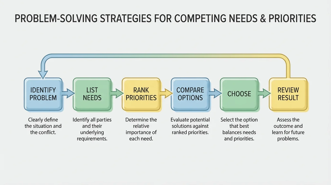 flowchart with boxes labeled identify problem, list needs, rank priorities, compare options, choose, and review result