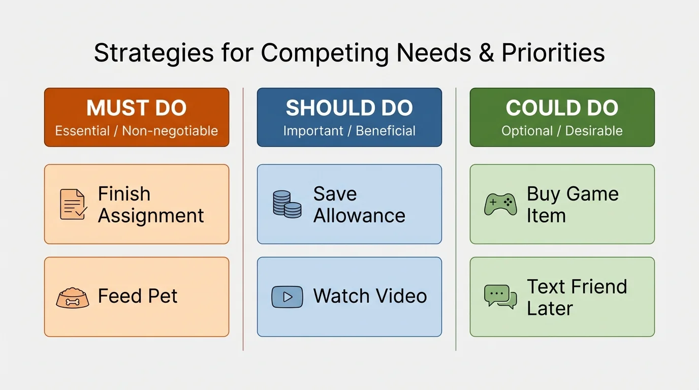 three-column chart labeled must do, should do, could do with examples finish assignment, feed pet, save allowance, buy game item, watch video, text friend later