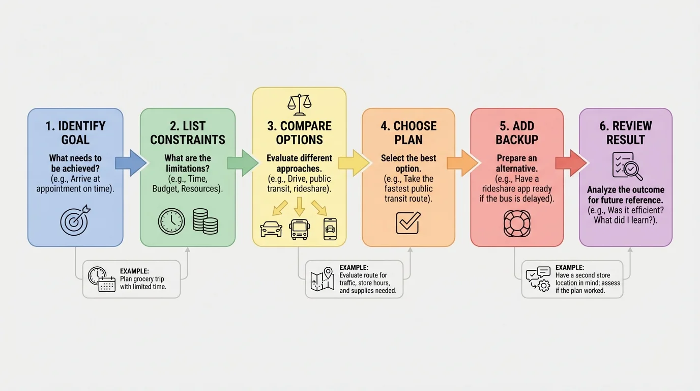 Flowchart showing steps identify goal, list constraints, compare options, choose plan, add backup, and review result for everyday logistics decisions