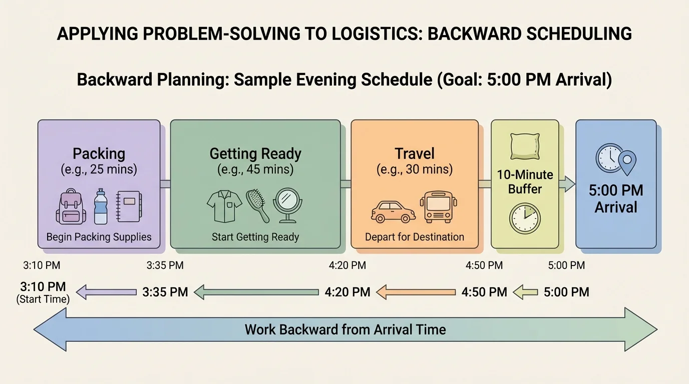 Chart showing a sample evening schedule worked backward from a 5:00 p.m. arrival time, including packing, getting ready, travel, and 10-minute buffer