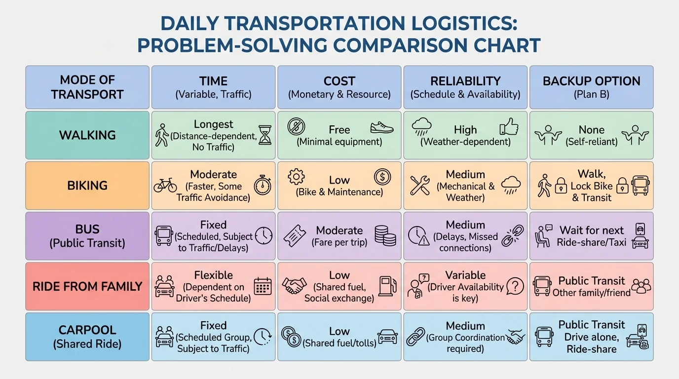 Comparison chart of walking, biking, bus, ride from family, and carpool with columns for time, cost, reliability, and backup option