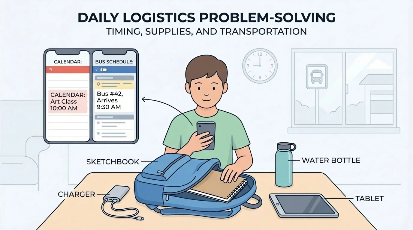 Student at home checking a phone calendar and bus schedule while packing a backpack with sketchbook, charger, water bottle, and tablet before leaving