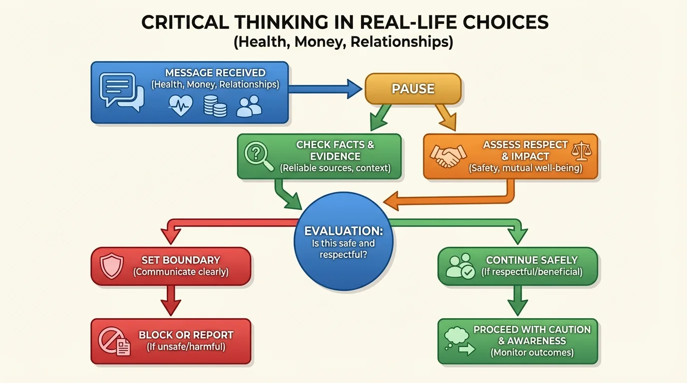 flowchart showing message received, pause, check facts, assess respect, set boundary, block or report if unsafe, or continue safely if respectful