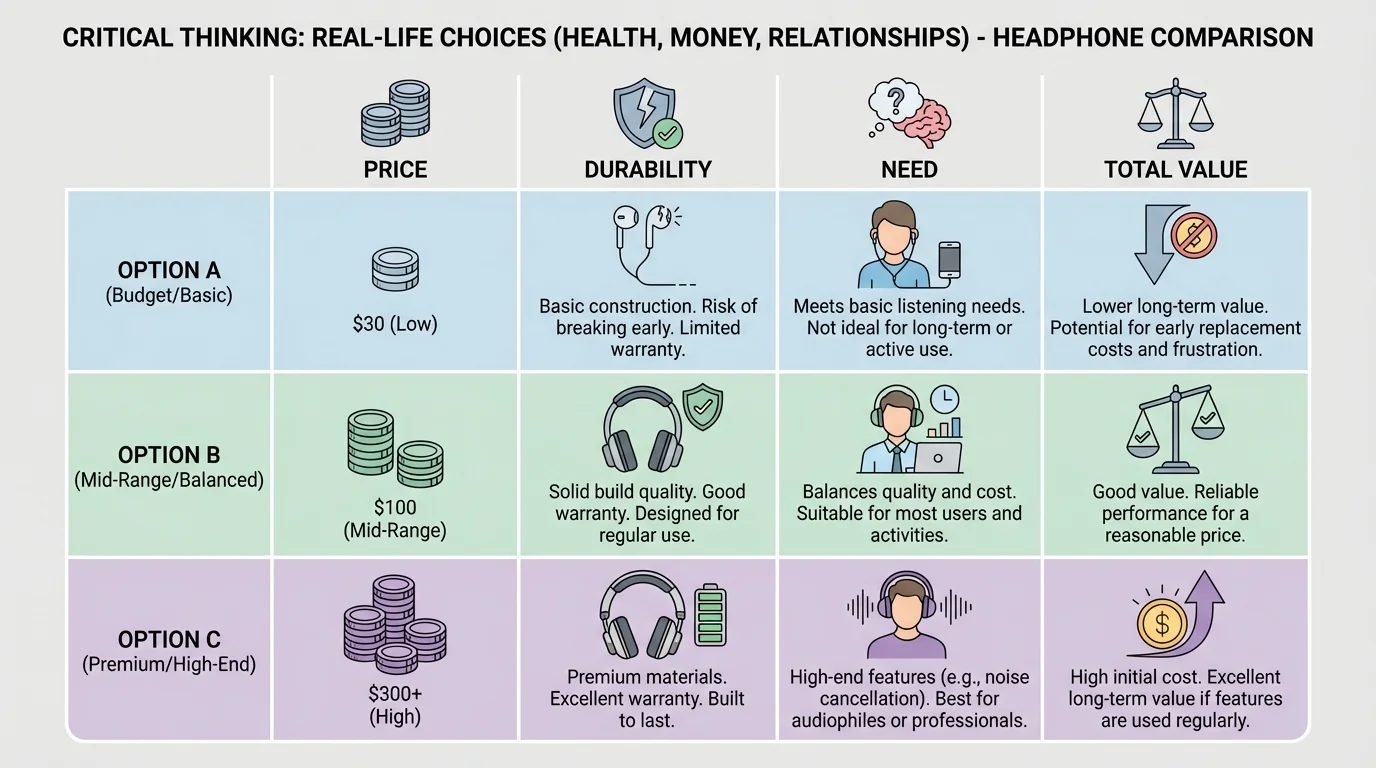 comparison chart of three headphone options with columns for price, durability, need, and total value