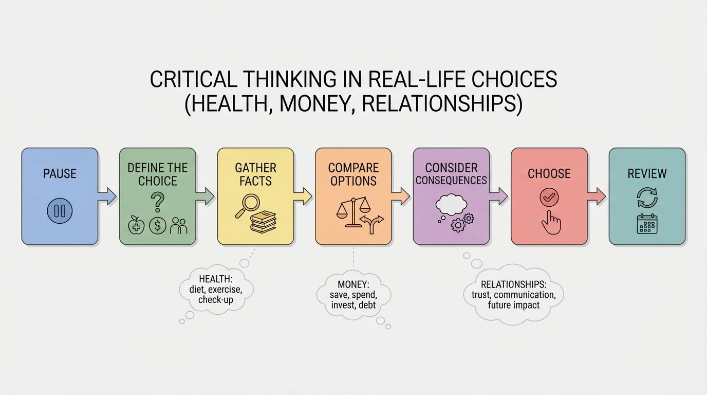 flowchart with boxes labeled pause, define the choice, gather facts, compare options, consider consequences, choose, review