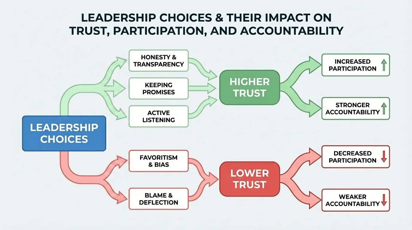 flowchart showing leadership choices such as honesty, keeping promises, listening, favoritism, and blame, leading to higher or lower trust