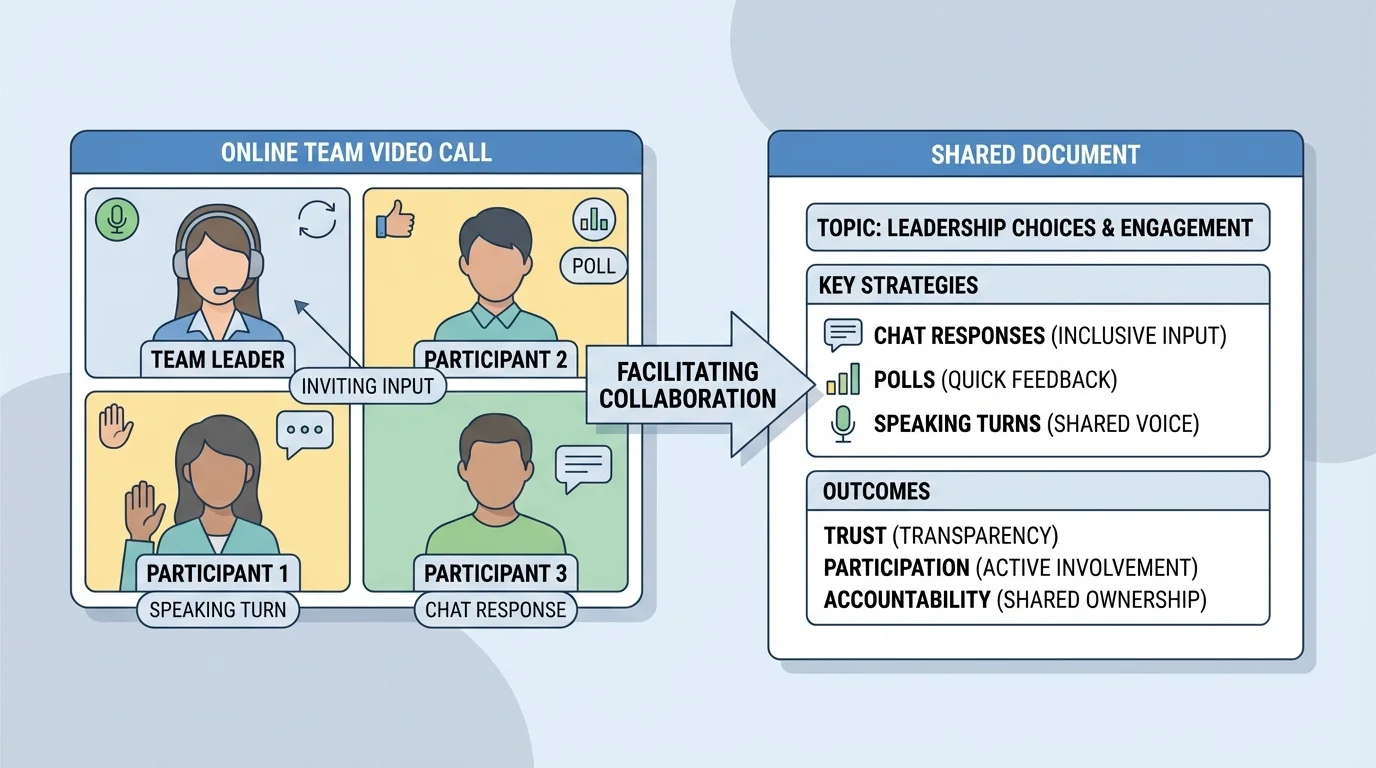 illustration of an online team video call and shared document where one leader invites chat responses, polls, and speaking turns so more people participate