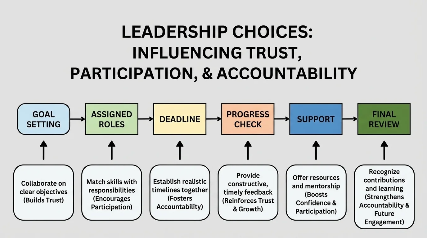 flowchart showing a team task moving from goal setting to assigned roles, deadline, progress check, support, and final review