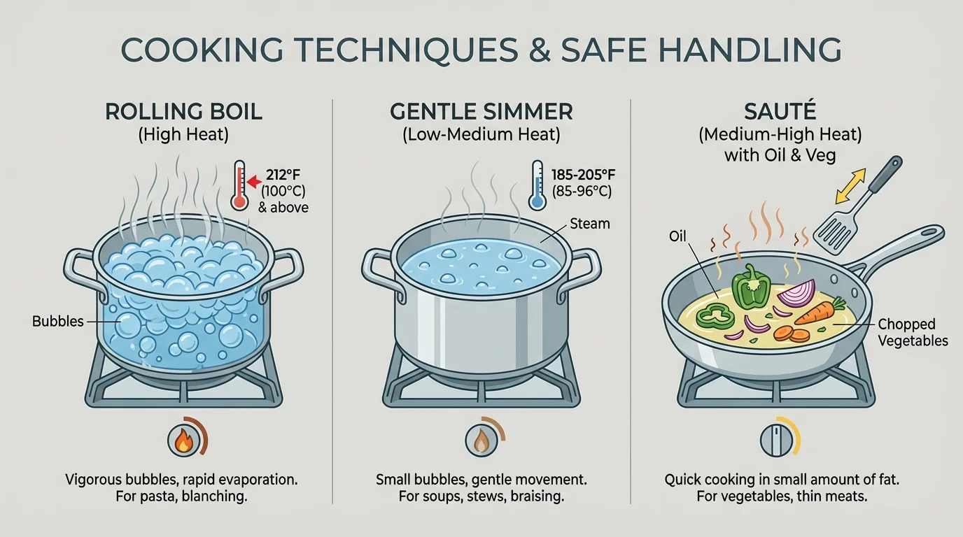 Three-pan comparison showing a pot at a rolling boil, a pot at a gentle simmer, and a sauté pan with a small amount of oil and chopped vegetables