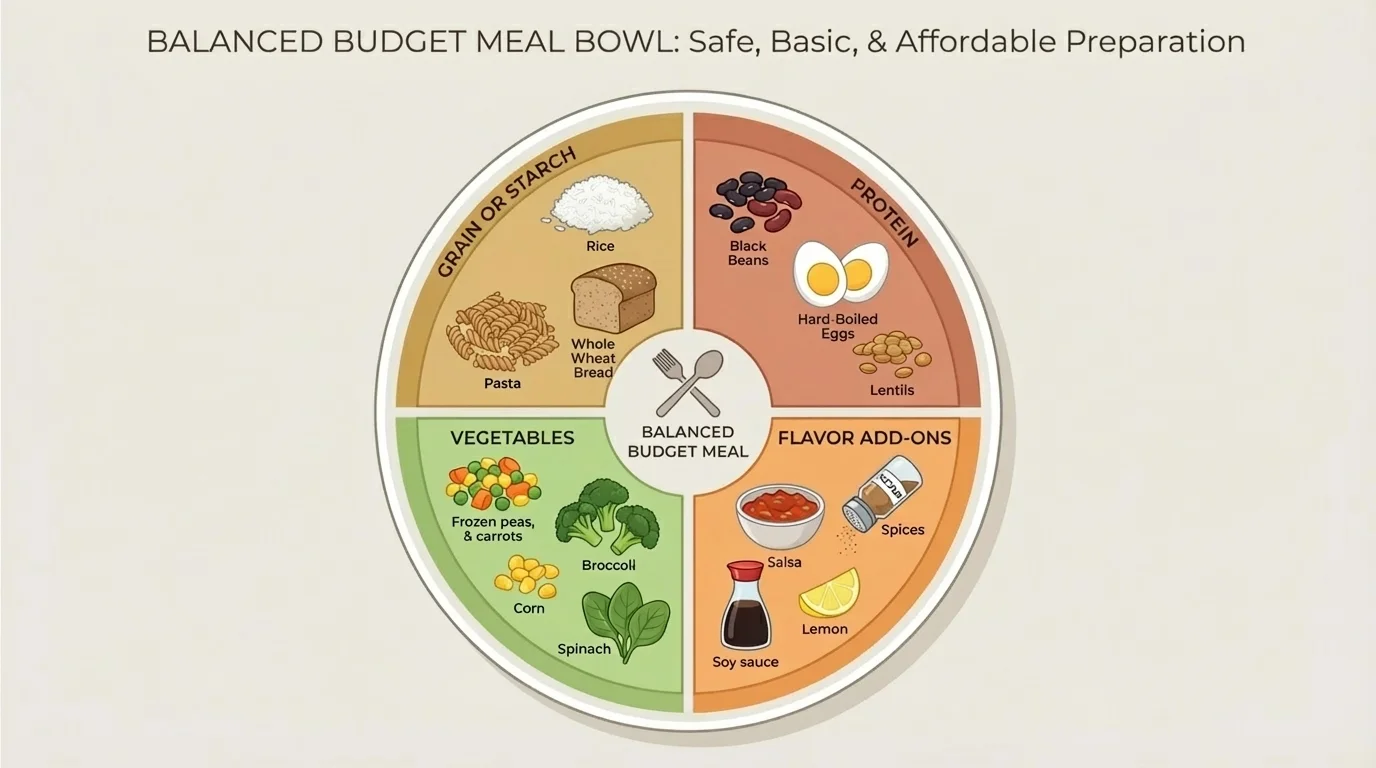 Balanced budget meal bowl divided into sections for grain or starch, protein, vegetables, and flavor add-ons with examples like rice, pasta, beans, eggs, frozen vegetables, and sauce
