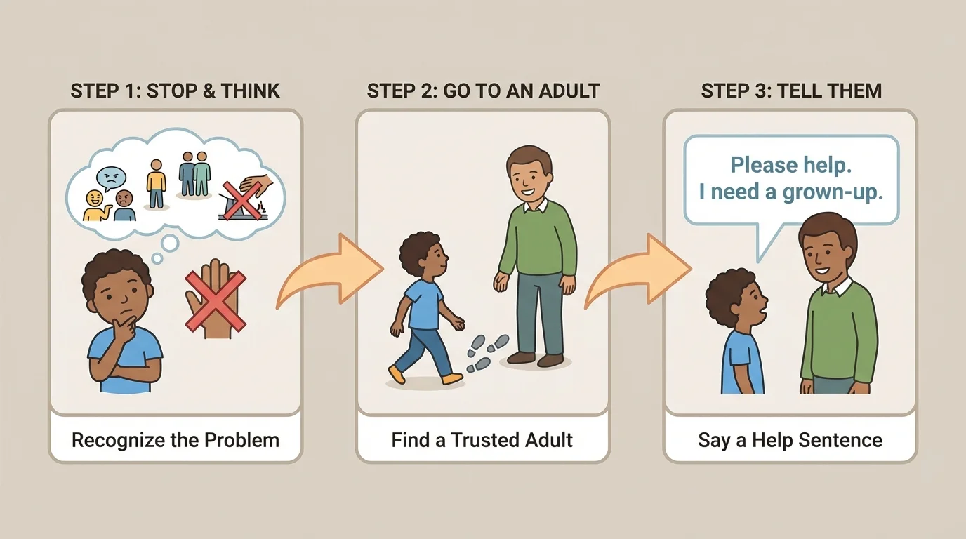 Three-step flowchart showing child stopping, going to a trusted adult, and saying a simple help sentence in a speech bubble