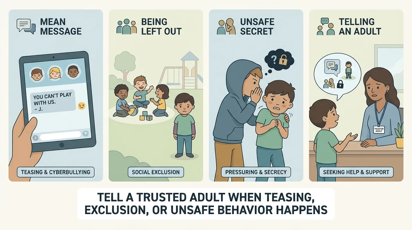 Four-panel scene showing a mean chat message, children leaving one child out at a community playgroup, an older child asking for a scary secret, and the child telling an adult