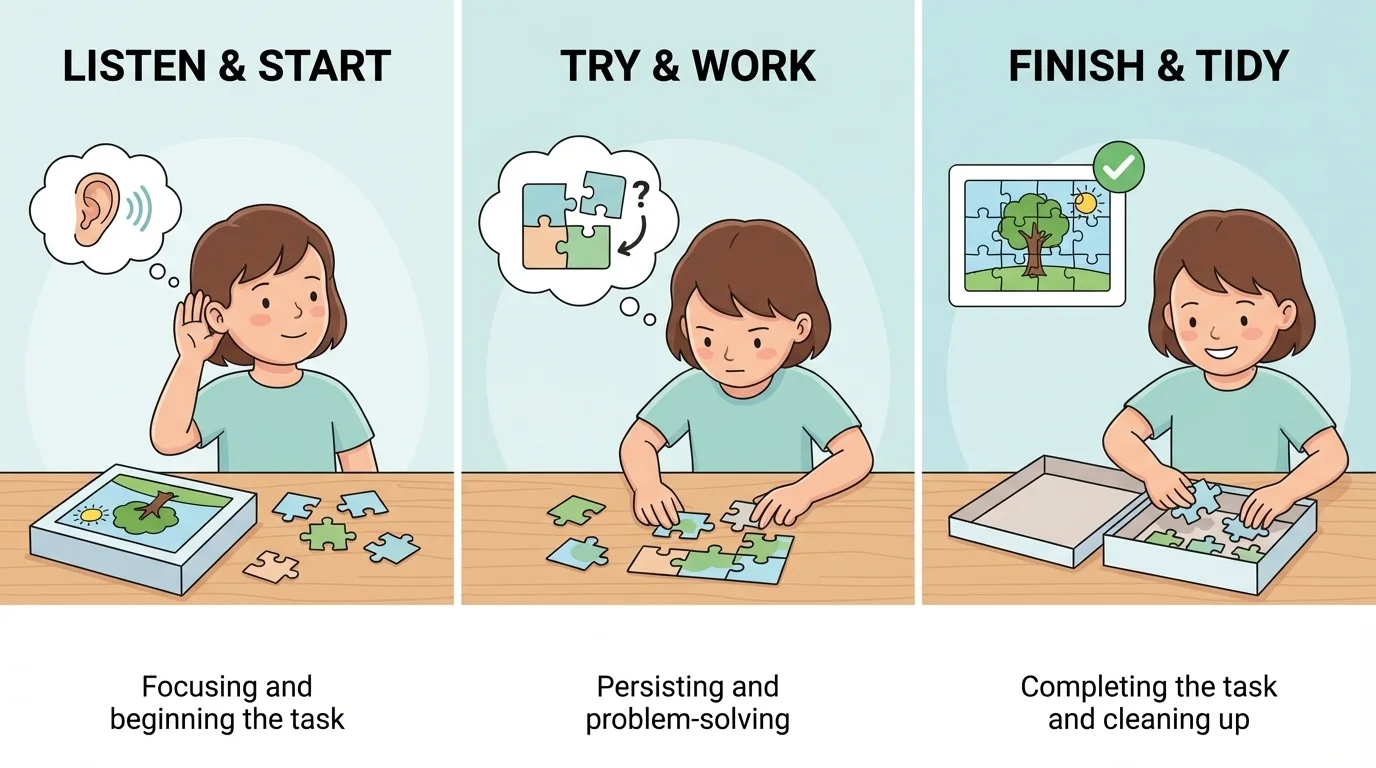 Three-part sequence showing a child starting a puzzle, working on it, and putting pieces away when finished