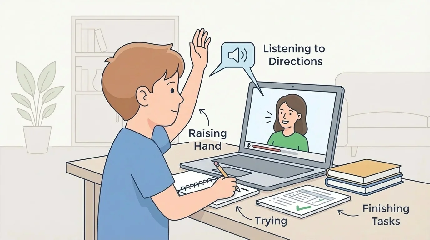 Child at home looking at a laptop screen, sitting still, raising hand, and listening to directions from an adult during online learning