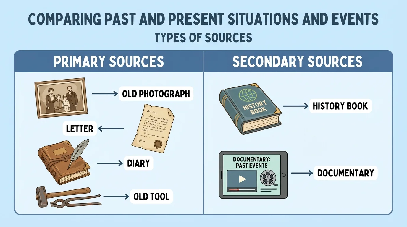 Child-friendly comparison chart showing a photo, letter, diary, and old tool labeled primary sources, and a history book and documentary labeled secondary sources