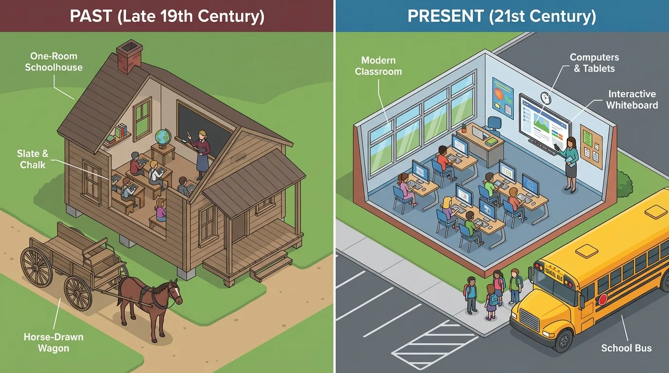 Split scene showing a one-room schoolhouse and horse-drawn wagon on one side, and a modern classroom with computers and a school bus on the other