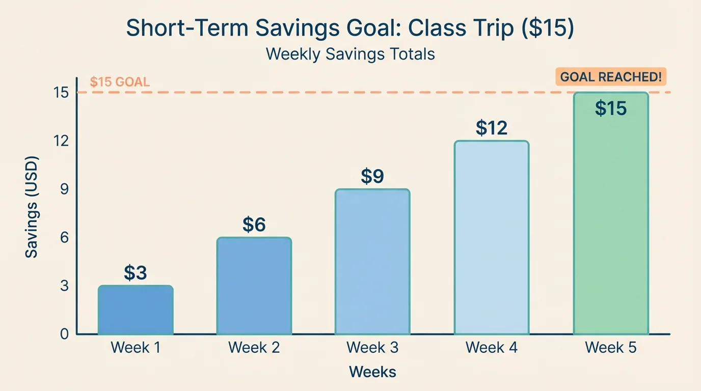 bar chart showing weekly savings totals rising from 3 dollars toward a 15 dollar class trip goal over several weeks