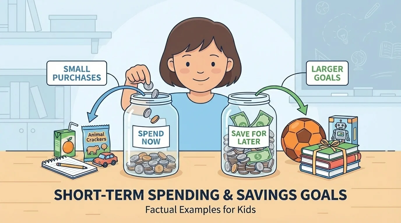 child with two jars labeled spend now and save for later, with small school supplies and snack on one side and a larger goal item like a ball or book set on the other