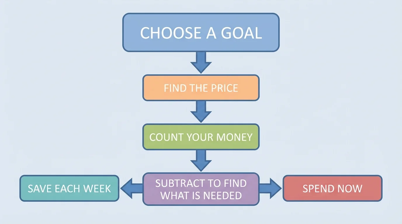 simple flowchart with boxes labeled choose a goal, find the price, count your money, subtract to find what is needed, save each week or spend now
