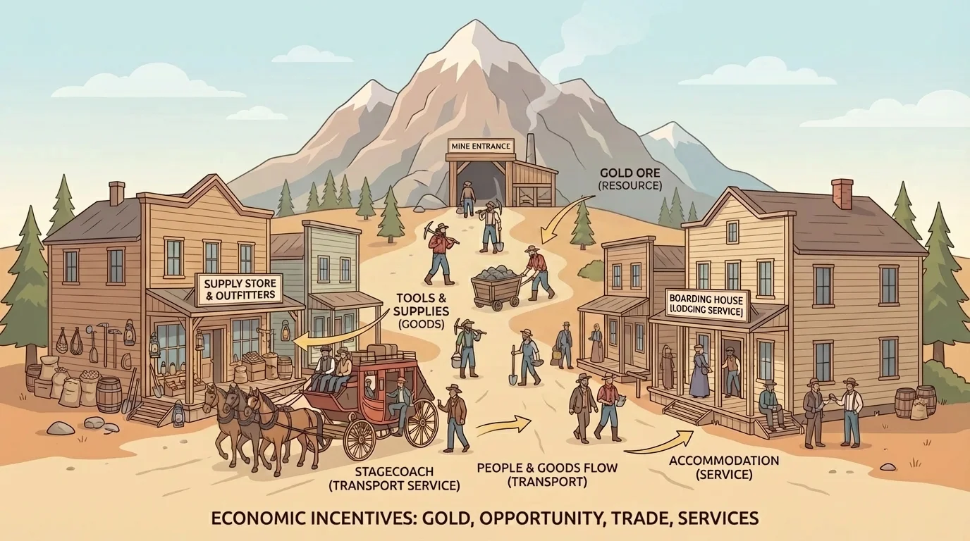 Colorado gold rush mining town with mountain mine entrance, miners carrying tools, supply store, stagecoach, boarding house, and busy street