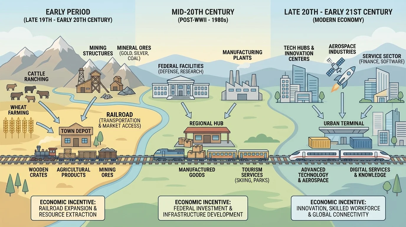 Railroad crossing Colorado farmland with cattle, wheat fields, wooden crates, ranch buildings, and a town depot loading goods onto a train
