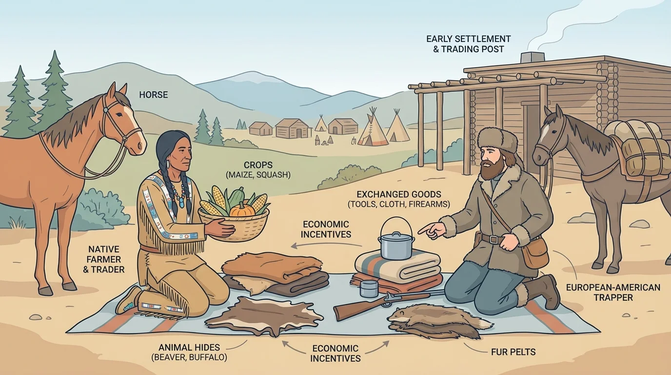 Early Colorado trading scene with Native farmers, trappers, horses, crops, animal hides, and exchanged goods near a settlement