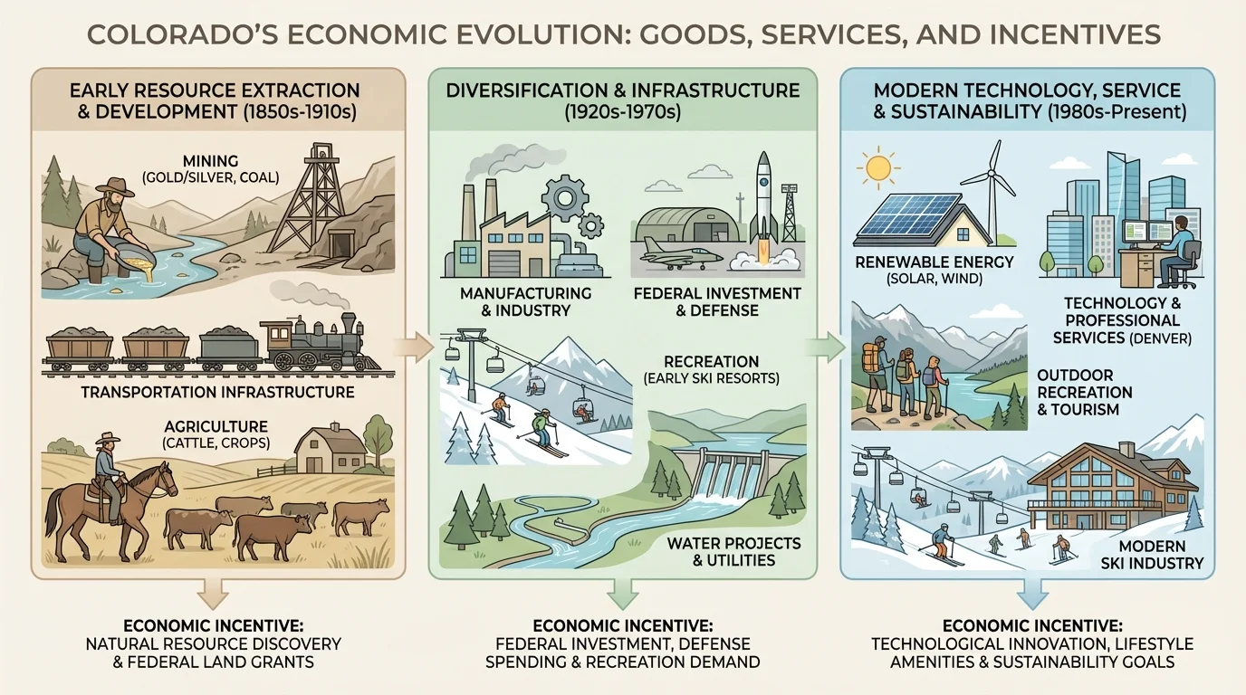 Modern Colorado collage showing ski resort, solar panels, cattle ranch, city office worker at computer, mountain hikers, and Denver skyline