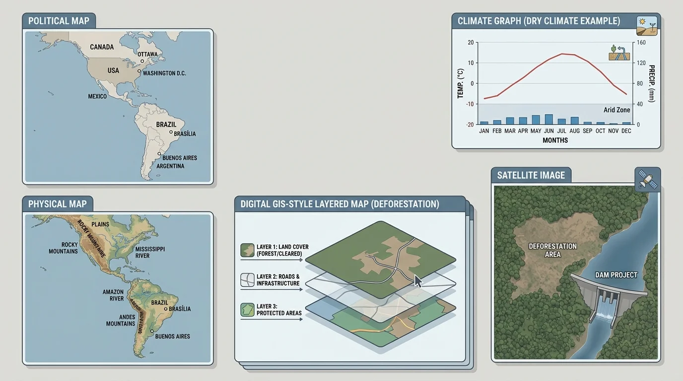 Different geographic tools: political map, physical map, climate graph, satellite image, and digital GIS-style layered map of the Western Hemisphere