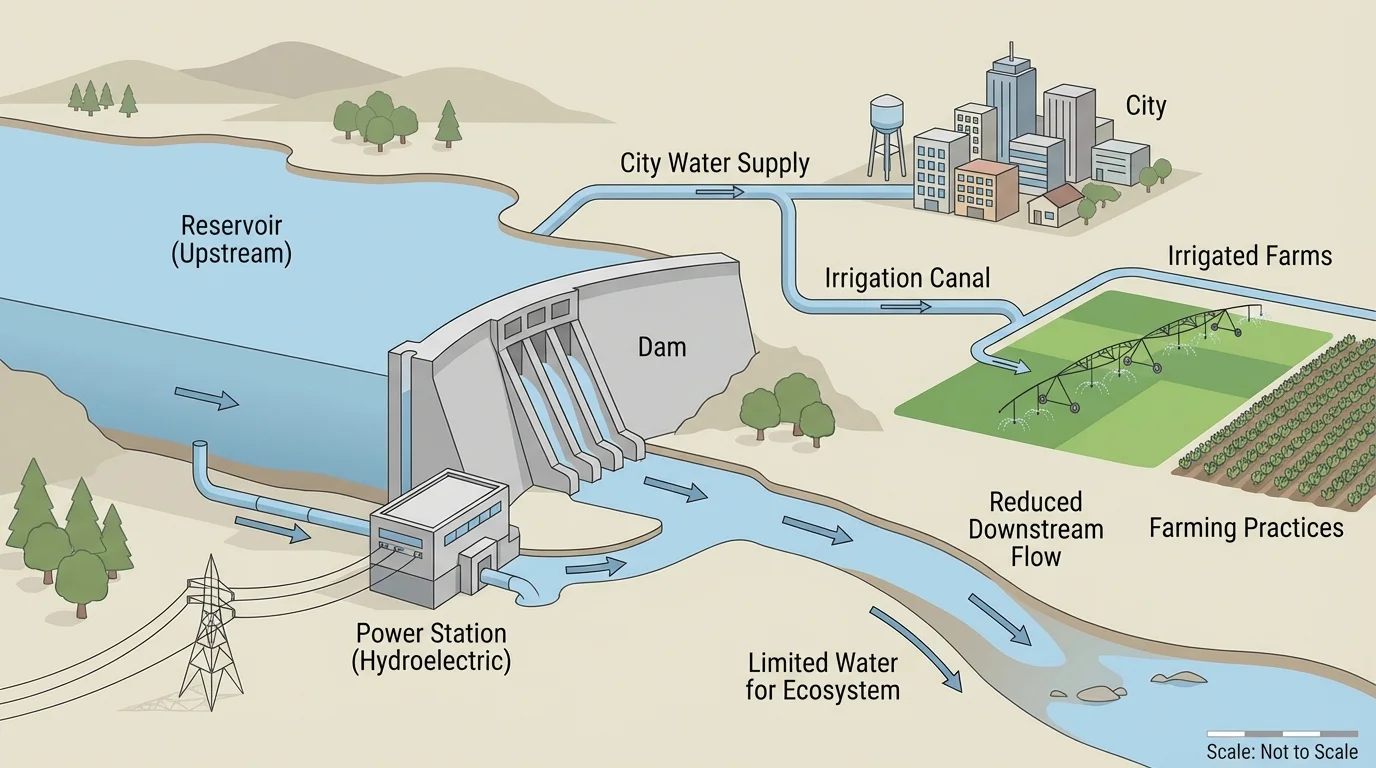 River diagram with a dam, reservoir upstream, farms and city water use, and reduced downstream flow