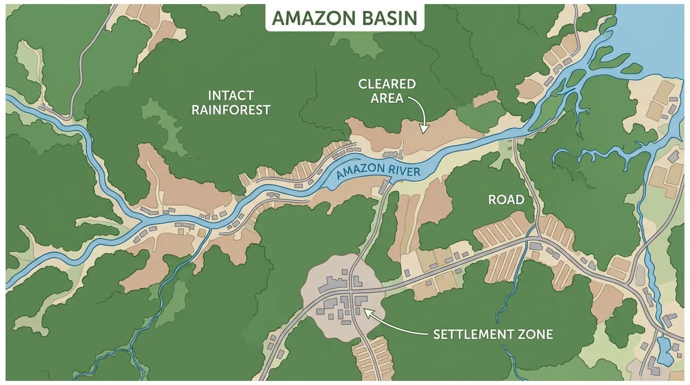 Map of the Amazon Basin showing intact rainforest, cleared areas along roads, rivers, and settlement zones