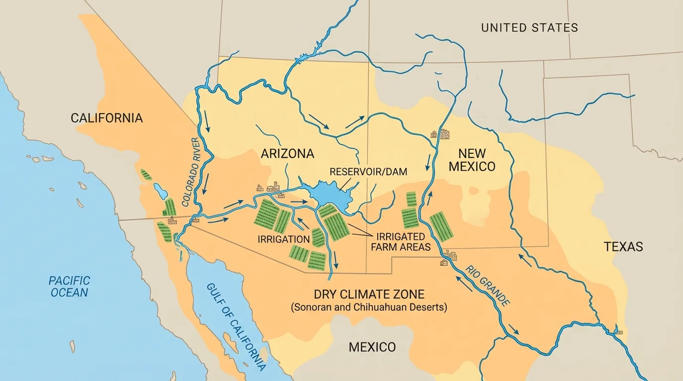 Map of northern Mexico and the U.S. Southwest showing dry climate zones, rivers, irrigation canals, and farm areas