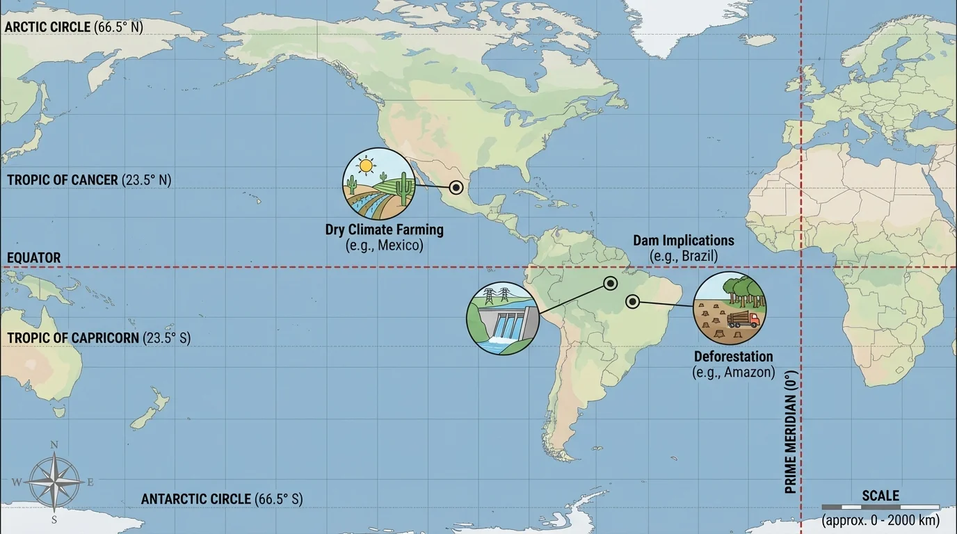 Western Hemisphere map with equator, prime meridian, latitude lines, longitude lines, and a labeled point in Brazil and one in Mexico