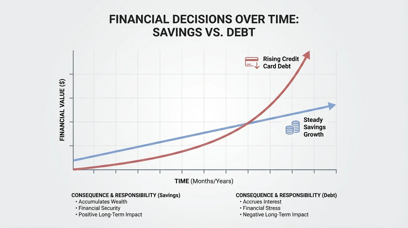 Graph comparing steady savings growth and rising credit card debt over time, with one line increasing gradually upward for savings and another climbing sharply for debt
