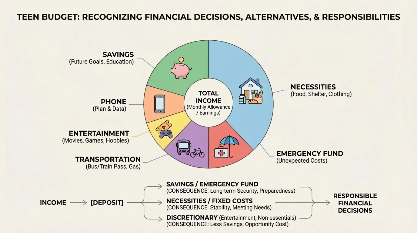 Chart showing a teen budget divided into savings, necessities, transportation, phone, entertainment, and emergency fund