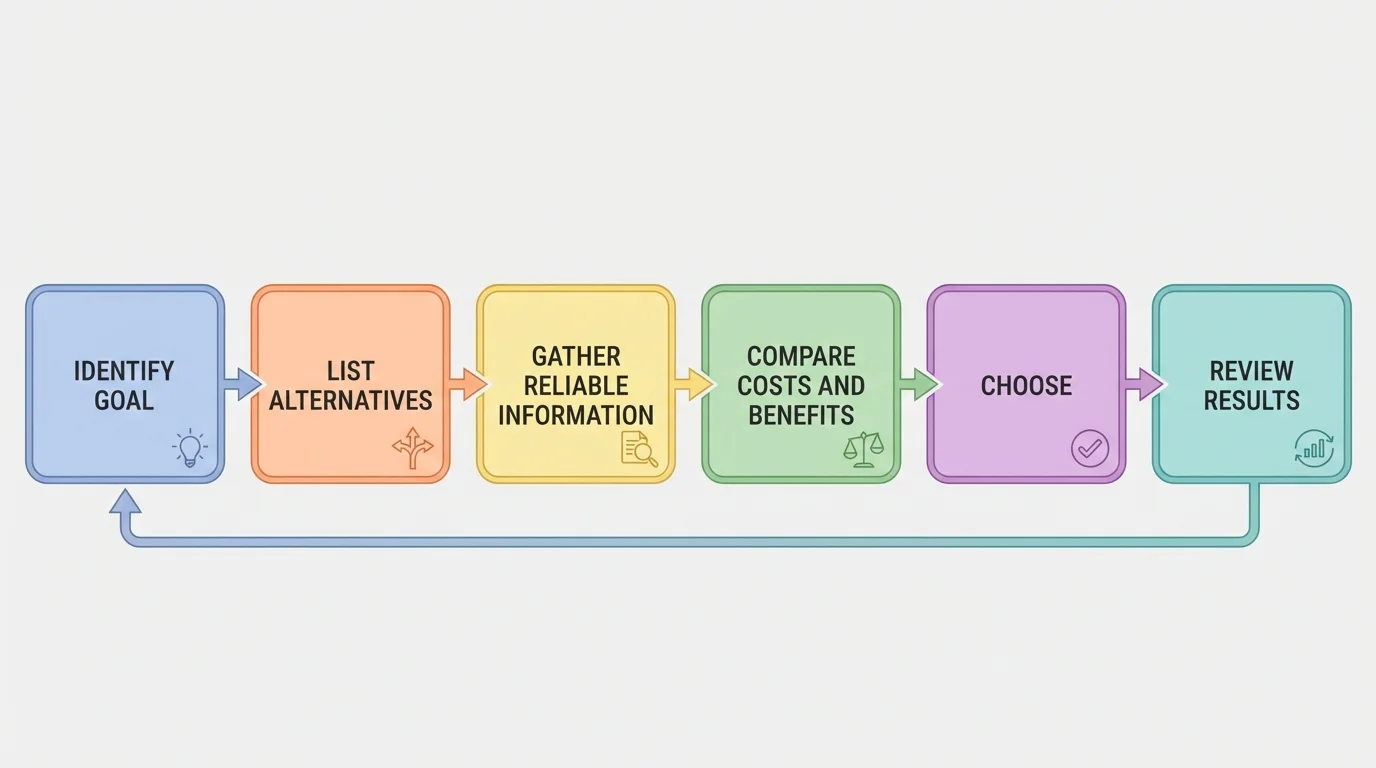 Flowchart showing personal financial decision process with boxes labeled identify goal, list alternatives, gather reliable information, compare costs and benefits, choose, and review results