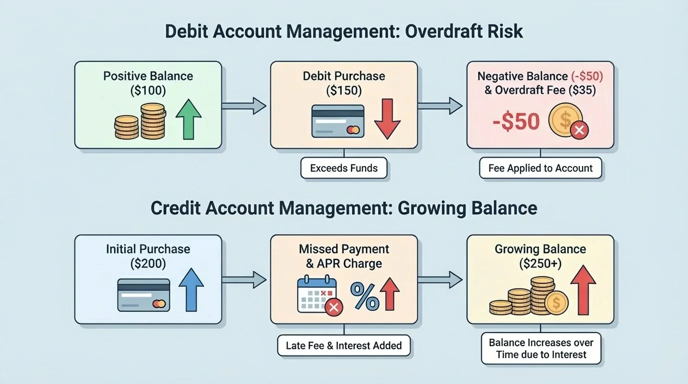 timeline illustrating overdraft fee after debit purchase exceeds balance and credit card balance growing with missed payment and APR charges