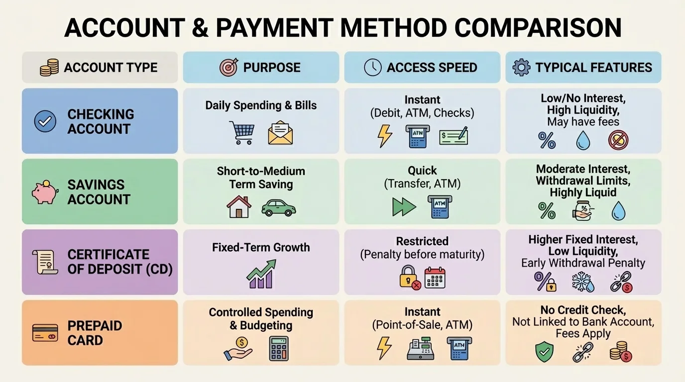 chart comparing checking, savings, certificate of deposit, and prepaid card account by purpose, access speed, and typical features