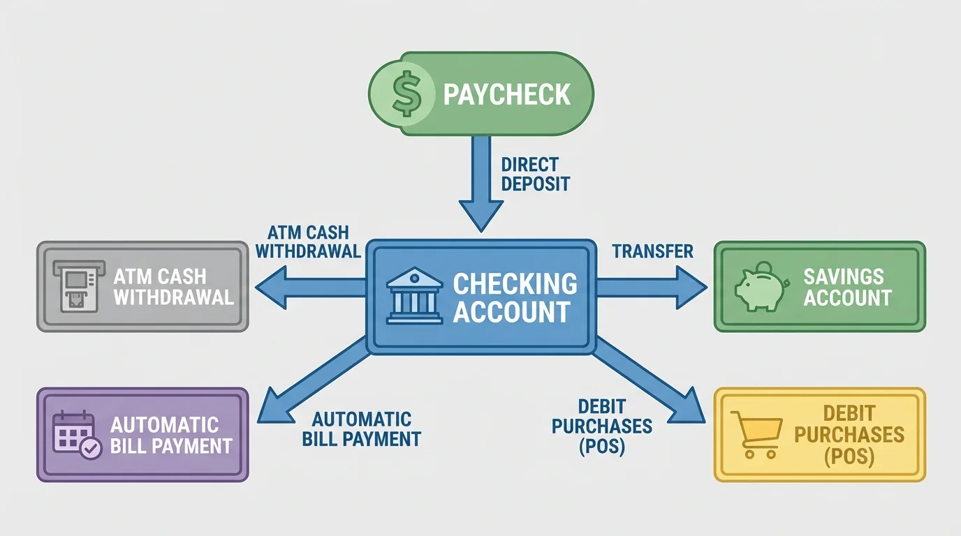 flowchart showing paycheck direct deposit into checking account, transfers to savings, debit purchases, ATM cash withdrawal, and automatic bill payment