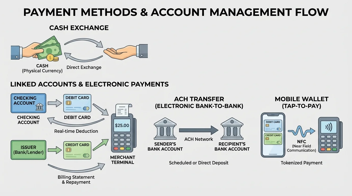 diagram of payment methods showing cash exchange, debit card linked to checking, credit card issuer payment, ACH transfer, and mobile wallet tap-to-pay