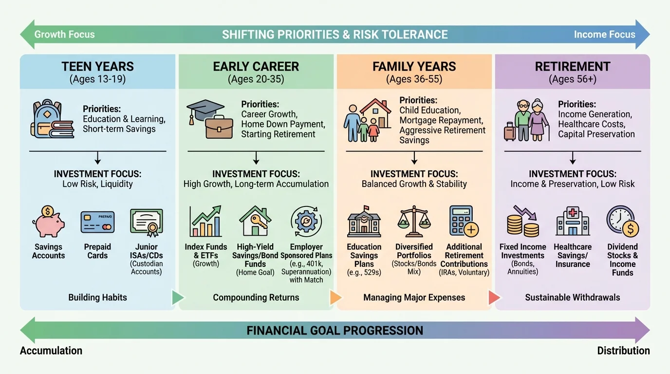 life-stage timeline showing teen years, early career, family years, and retirement with changing priorities from growth to stability and income