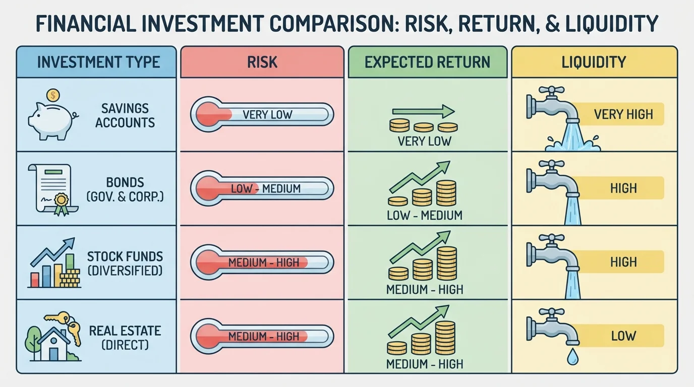 comparison chart showing savings accounts, bonds, stock funds, and real estate ranked by risk, expected return, and liquidity