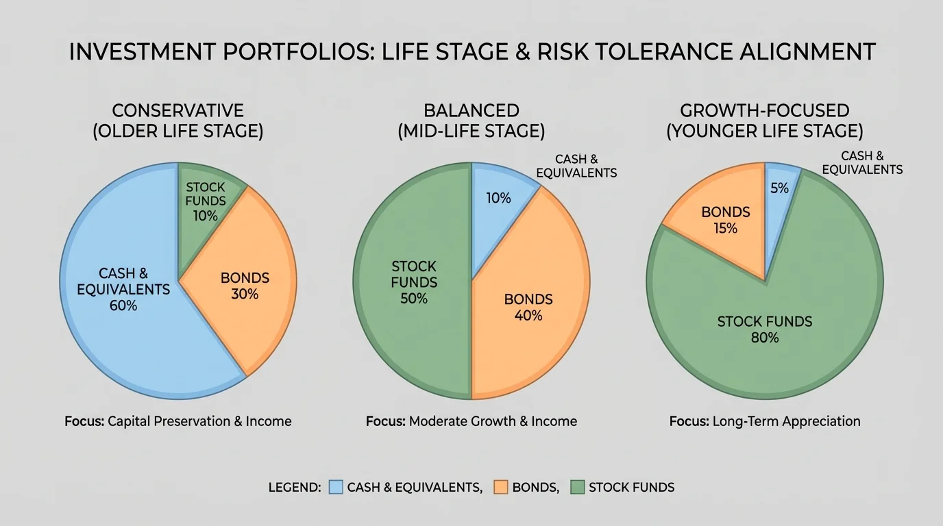 three sample pie-chart portfolios labeled conservative, balanced, and growth-focused, showing different percentages of cash, bonds, and stock funds