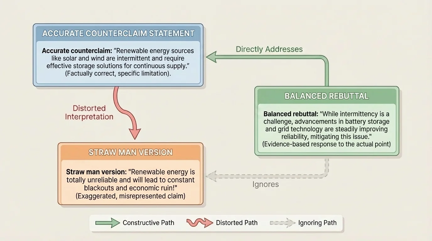 chart comparing an accurate counterclaim statement with a distorted straw man version and a balanced rebuttal