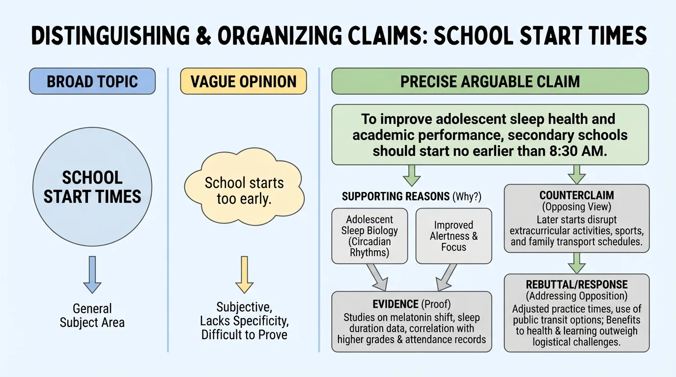 chart comparing a broad topic, a vague opinion, and a precise arguable claim about school start times