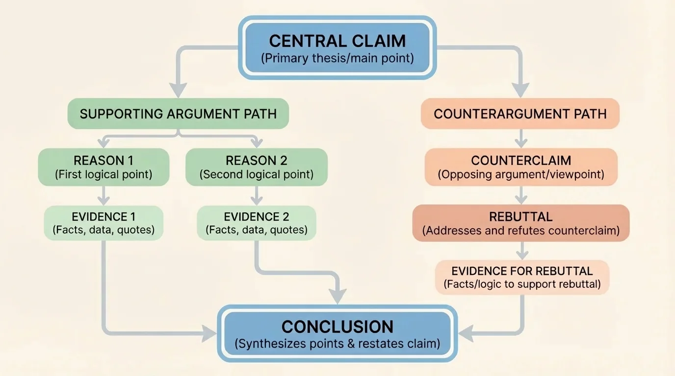 flowchart showing how a central claim branches to reasons, evidence, counterclaim, rebuttal, and conclusion in an argument essay