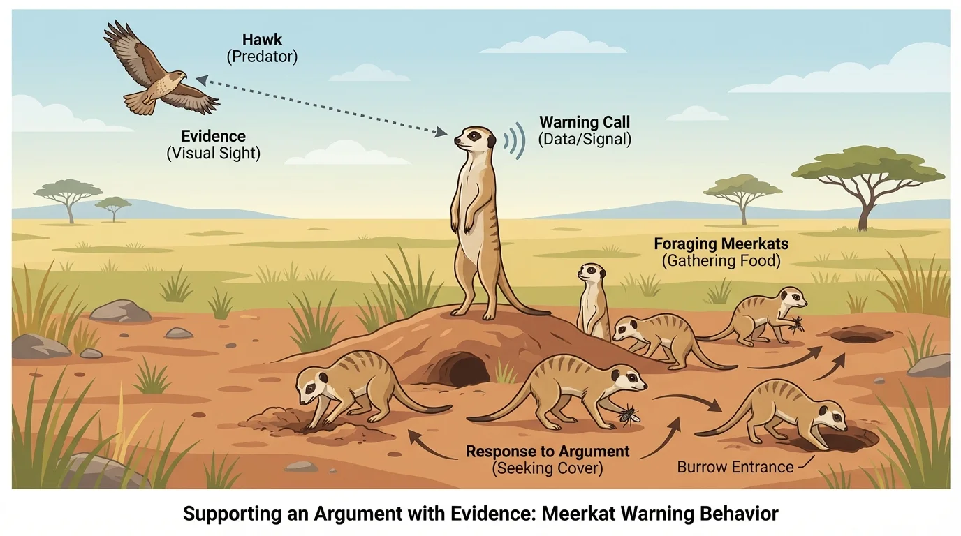 A meerkat group in grassland with one meerkat standing upright as a lookout, others digging for food, and a hawk flying overhead to show warning behavior