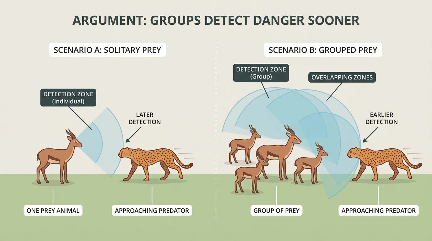 Simple comparison model with one prey animal alone and a grouped set of prey animals, both facing an approaching predator, showing the group detecting danger sooner